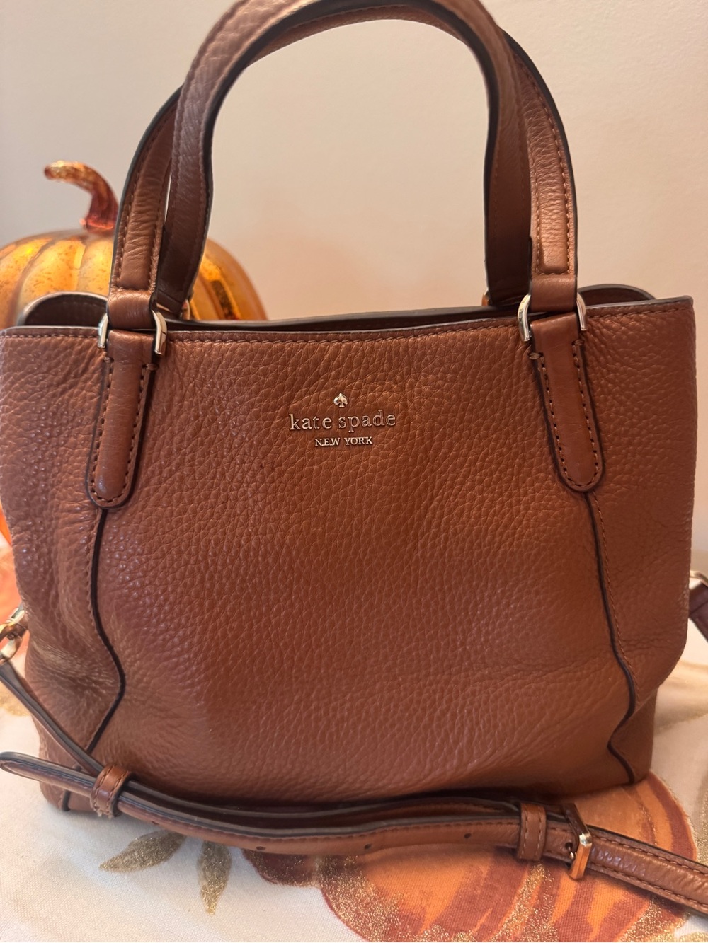 Kate Spade New York Brown Pebbled Leather Crossbody Satchel Bag Purse Top Handle